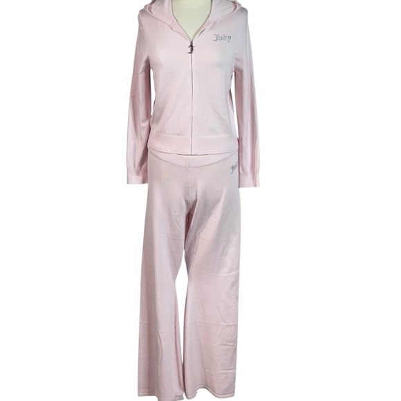 Juicy Couture Baby Pink Rhinestone Logo Knit Tracksuit Hoodie Pants Set XL - Picture 2 of 16